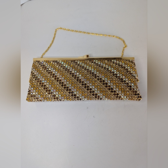 Handbags - Gold and Brown Multicolor Evening Clutch With Chain.